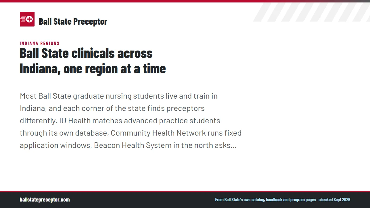 Ball State clinicals across Indiana, one region at a time. Most Ball State graduate nursing students live and train in Indiana, and each corner of the state finds preceptors differently. IU Health matches advanced pract