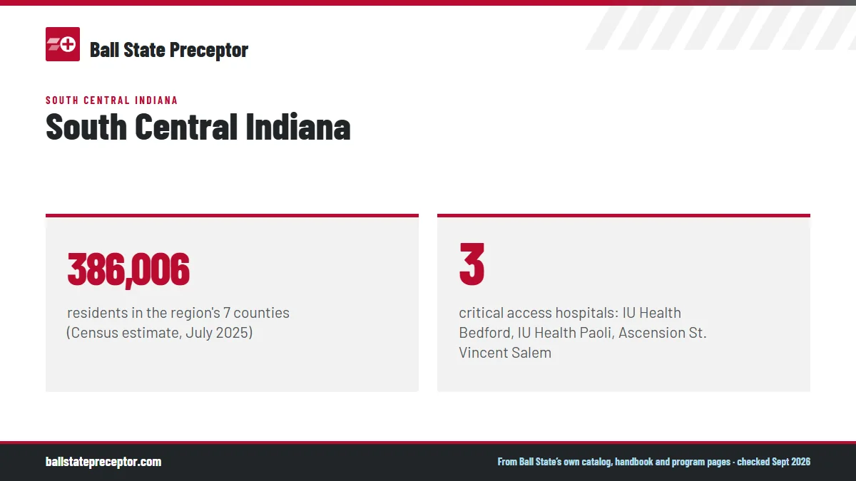 South Central Indiana. 386,006: residents in the region's 7 counties (Census estimate, July 2025); 3: critical access hospitals: IU Health Bedford, IU Health Paoli, Ascension St. Vincent Salem.
